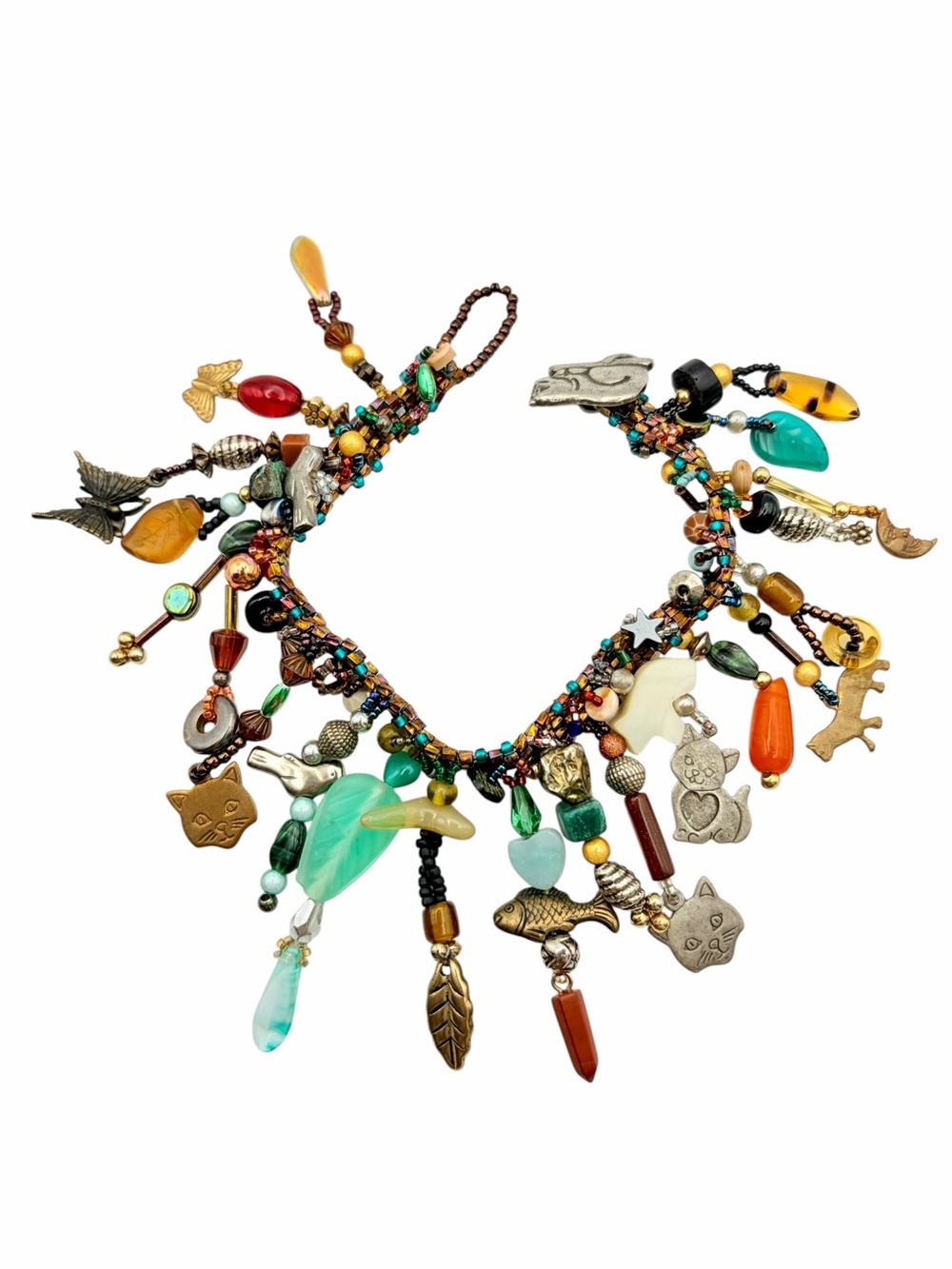 Vintage Boho Cat Themed Chacha Beaded Charm Bracelet